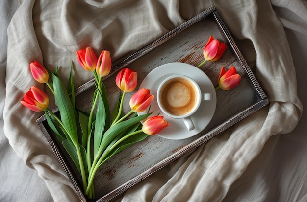 un vassoio con una tazza di caffè e tulipani