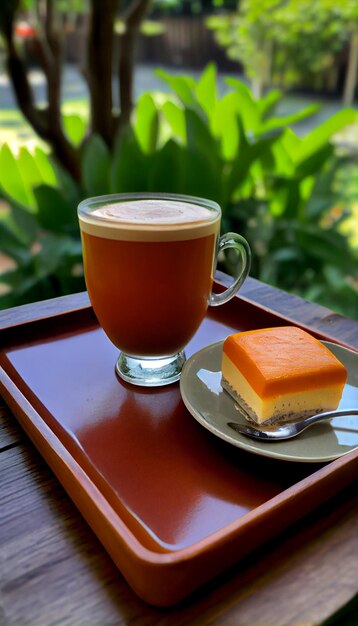 Un vassoio con una tazza di tè tailandese e un piatto di torta.