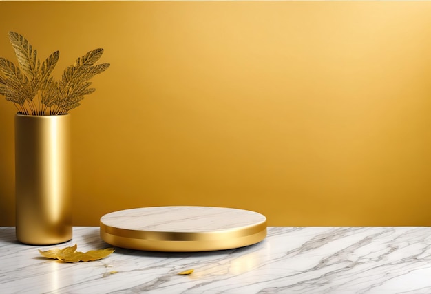 Un vassoio d'oro con un bordo d'oro si trova su un ripiano di marmo accanto a un vaso bordato d'oro.