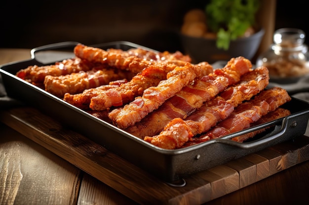 Un vassoio di bacon tempeh croccante per colazione