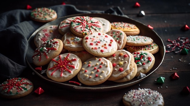 Un vassoio di biscotti di Natale con granelli rossi e verdi in cima