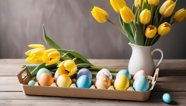 Un vassoio di cartone con uova di Pasqua su un tavolo di legno accanto a un bouquet di tulipani gialli