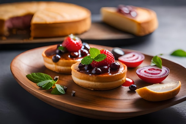 un vassoio di cheesecake con fragole e fragole