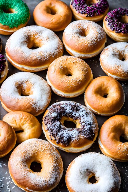 un vassoio di ciambelle con un mucchio di zucchero in polvere in cima