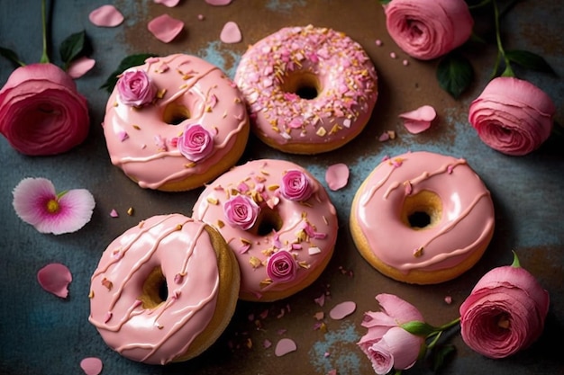 Un vassoio di ciambelle rosa con glassa rosa e fiori.