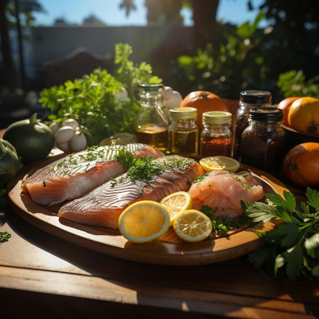 Un vassoio di cibo con pesce, limone ed erbe aromatiche.