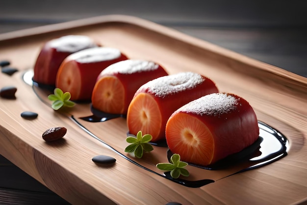 Un vassoio di cibo con sopra una salsa nera e alcuni piccoli frutti sul lato.