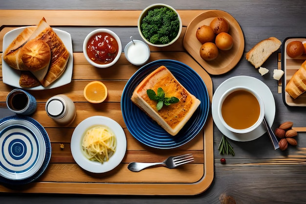 un vassoio di cibo con un piatto di pane tostato e una tazza di caffè.