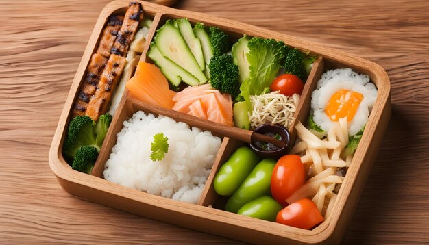 un vassoio di cibo tra cui broccoli di riso e carote