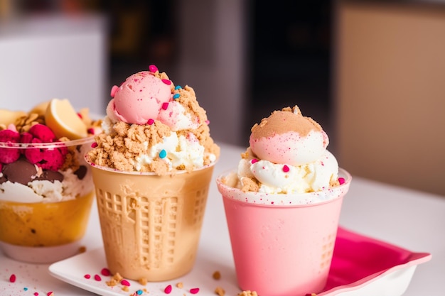 Un vassoio di coni gelato con un cono rosa con sopra un arcobaleno.