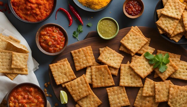 un vassoio di cracker con dips e dips su un tavolo