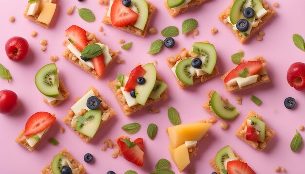 un vassoio di cracker di frutta e formaggio con uno sfondo rosa