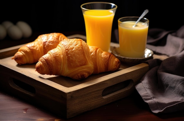 un vassoio di croissant, caffè e succo d'arancia