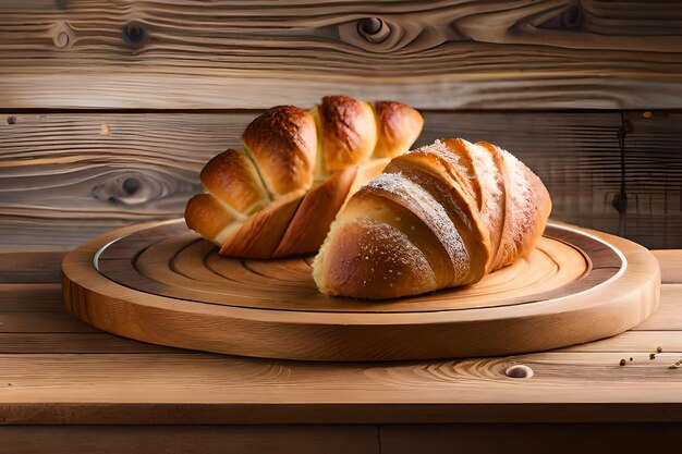 Un vassoio di croissant con una tavola di legno dietro