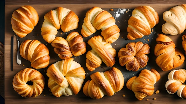 un vassoio di croissant con una teglia di farina e zucchero a velo