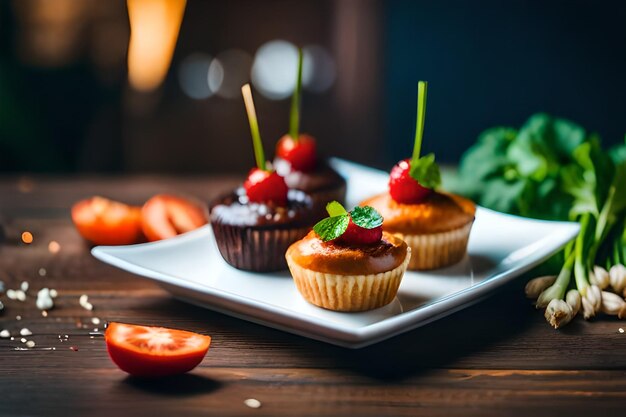 Un vassoio di cupcakes con sopra fragole e fragole.