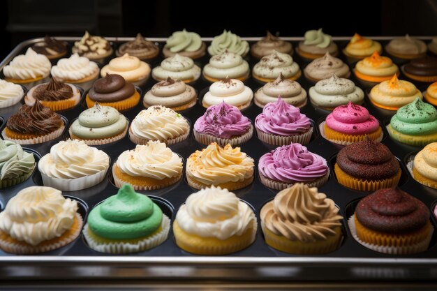 Un vassoio di cupcakes in vari gusti e colori creati con l'IA generativa