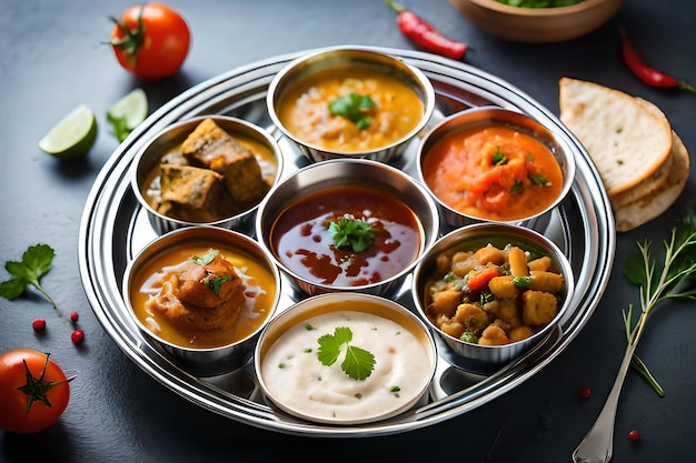 Un vassoio di diversi piatti di cucina indiana