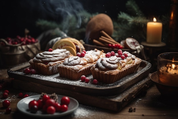 Un vassoio di dolci con una candela sullo sfondo