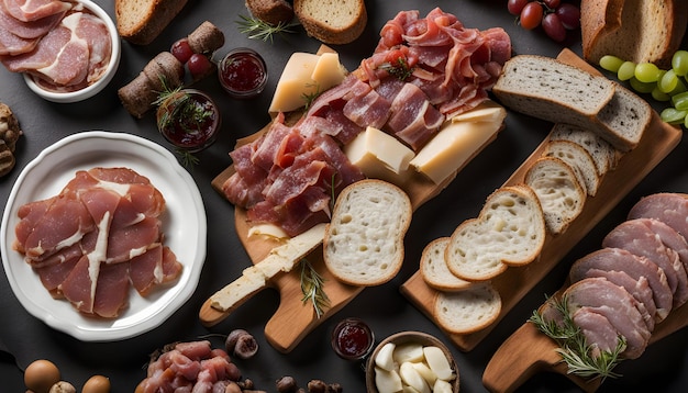 un vassoio di formaggi con un vaso di formaggio e carne