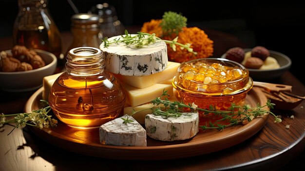 un vassoio di formaggi tra cui formaggio, miele e formaggio.