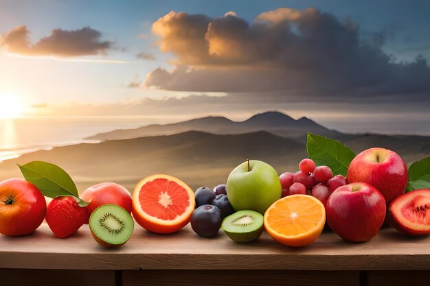 un vassoio di frutta con una montagna e una montagna sullo sfondo.