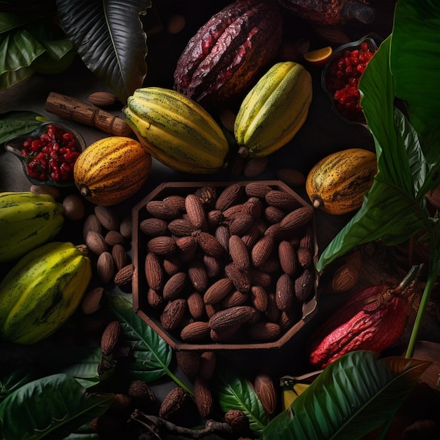 Un vassoio di frutta e noci con sopra la parola cacao