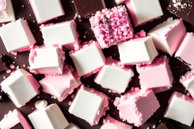 Un vassoio di fudge rosa e bianco con codette bianche e rosa.