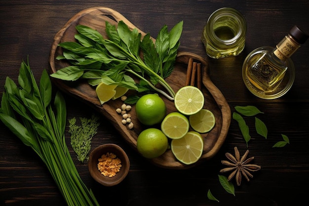 un vassoio di legno con sopra lime, erbe e spezie.