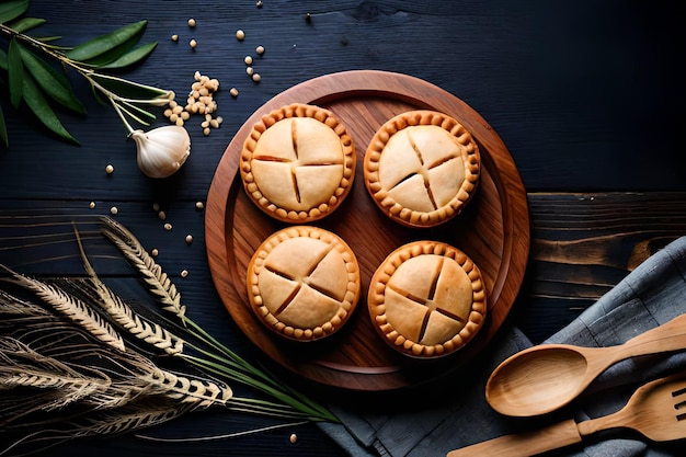 Un vassoio di legno con sopra tre torte fatte a mano e una tavola di legno con sopra aglio e aglio.