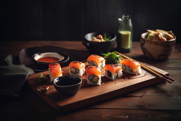 Un vassoio di legno di sushi con una ciotola di salsa e una ciotola di salsa di soia.