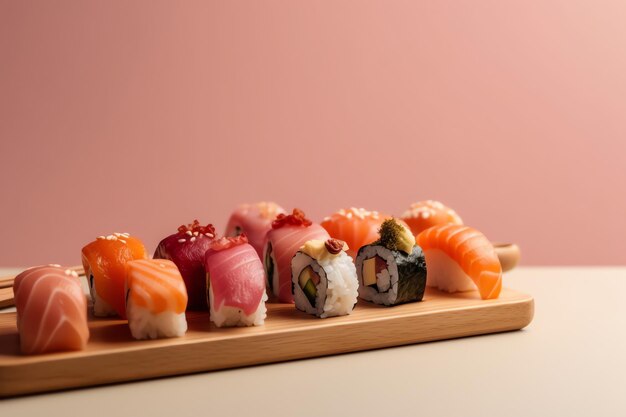 Un vassoio di legno di sushi con uno sfondo rosa