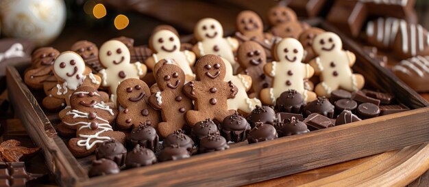 Un vassoio di legno pieno di biscotti vari