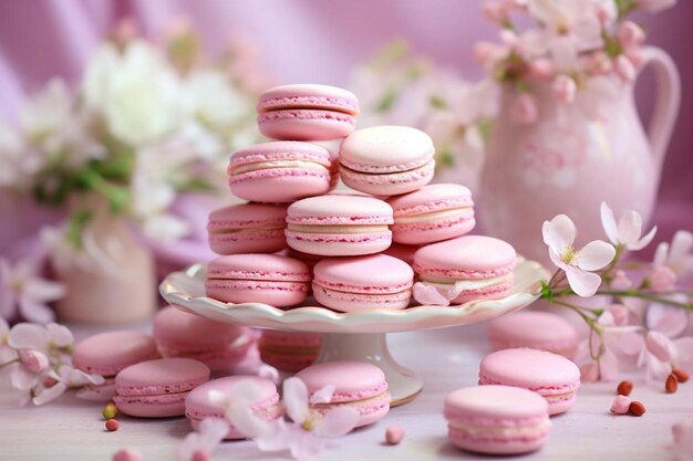 un vassoio di maccheroni rosa e cheesecake con fiori sul tavolo.