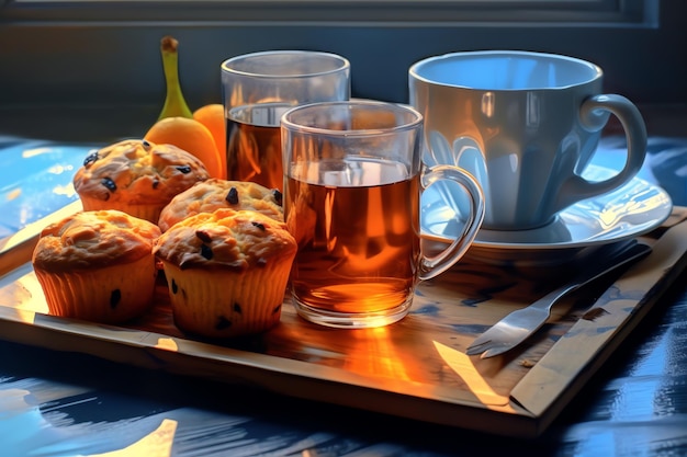 Un vassoio di muffin e una tazza di tè su un tavolo con una tovaglia blu.