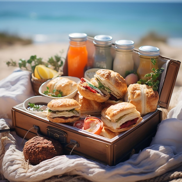 un vassoio di panini e bevande su una spiaggia con una bottiglia di succo d'arancia
