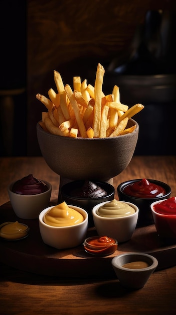 Un vassoio di patatine fritte e salse con ketchup sul lato.