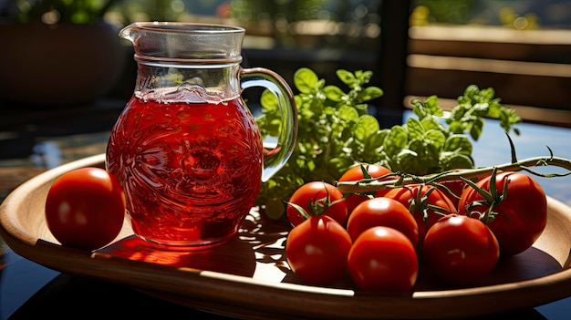 un vassoio di pomodori e una brocca di succo