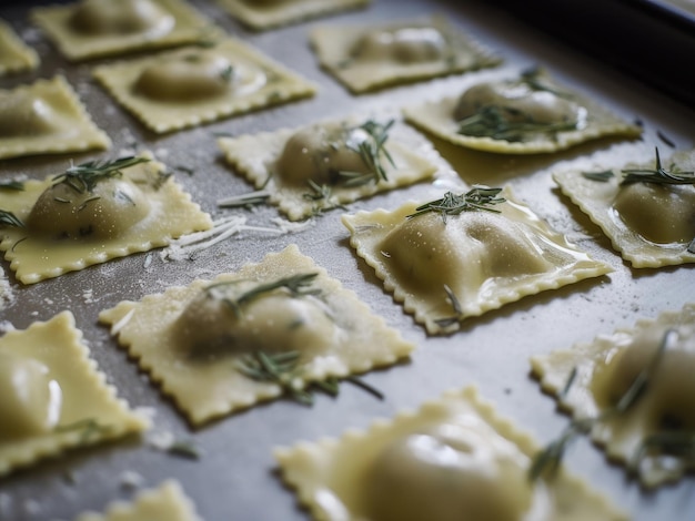 Un vassoio di ravioli con sopra un rametto di rosmarino.