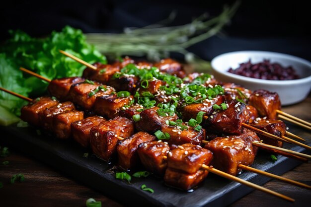 Un vassoio di spiedini di tempeh arrostiti con glassa gustosa