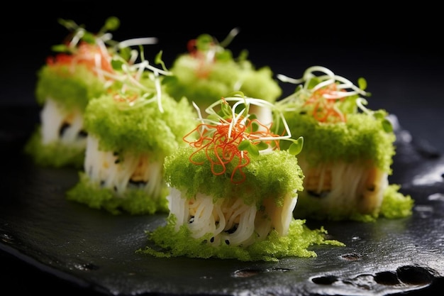 un vassoio di sushi con coperture verdi e bianche