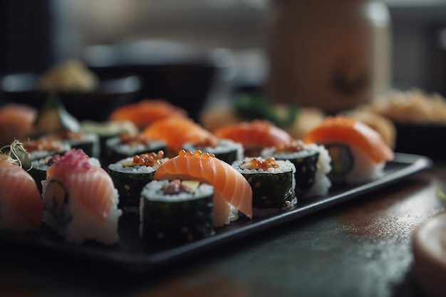 Un vassoio di sushi con sopra del salmone