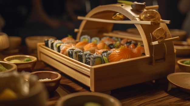 Un vassoio di sushi con un vassoio di legno con sopra una varietà di altri sushi