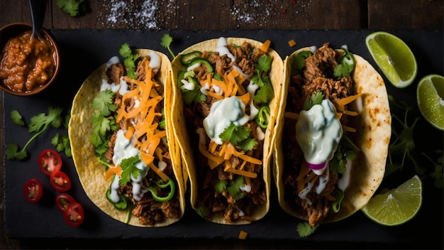 Un vassoio di tacos con sopra dei tacos di manzo