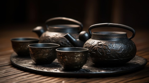 Un vassoio di tazze da tè e piattini con un piatto nero su un tavolo di legno.