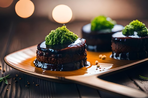 un vassoio di torta al cioccolato con un pezzo verde di broccoli sopra.
