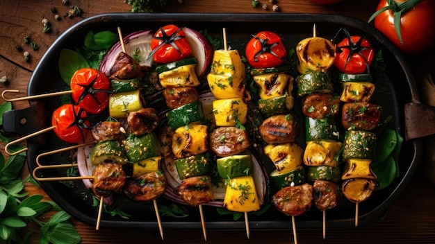 Un vassoio di verdure alla griglia con una padella nera di spiedini di carne.