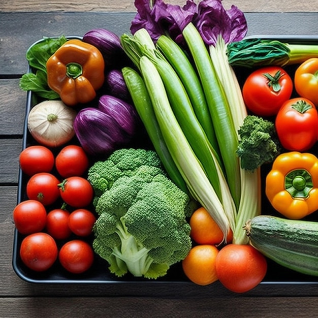 Un vassoio di verdure tra cui zucchine, peperoni rossi e peperoni viola.