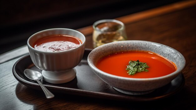 Un vassoio di zuppa di pomodoro e una ciotola di panna.