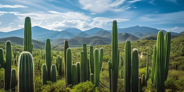 Un vasto campo di cactus sotto un cielo blu limpido una scena naturale idilliaca perfetta per gli amanti del paesaggio una vista serena e tranquilla del deserto AI